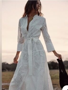 ZARA White Eyelet Tie-Waist Midi Dress
